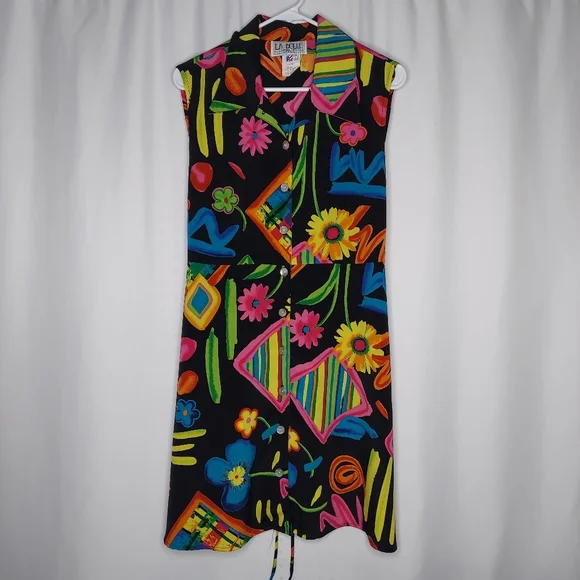 90's Vtg LABelle Button Collar Dress Multicolor Print Tie Sleeveless Midi 13 USA - Picture 11 of 12
